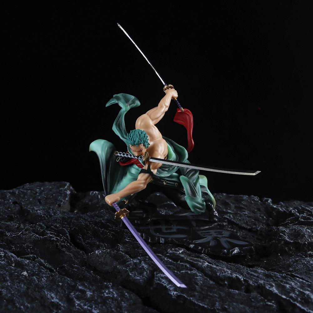 18cm Anime One Piece Banpresto Roronoa Zoro Three Knives Standing Action Figure Collection Cool Model Decor Toys Kids Gifts PVC Poseable Articulated