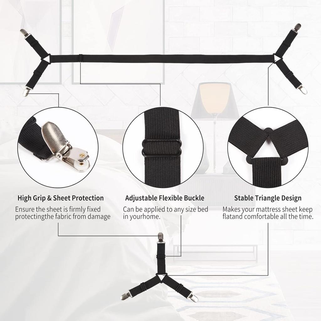 Luyena Bed Sheet Straps,4+1 Pcs Fitted Sheet Clips Holder,Upgraded Triangular Sheet Clip for Corner, Elastic Adjustable Sheet Strap for Mattress