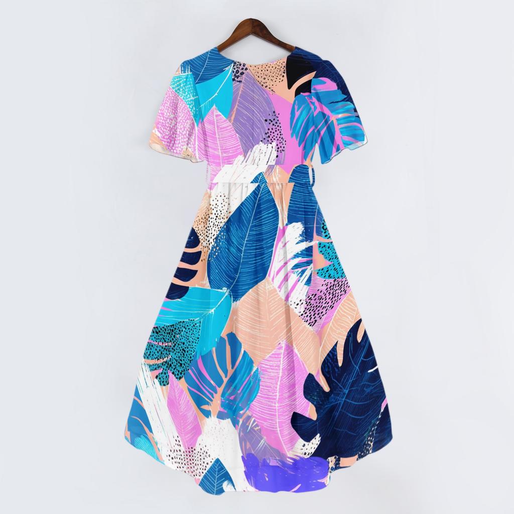 Women's Casual V Neck Short Sleeve Dress Vintage Floral Print Midi Length Lightweight Summer Dress