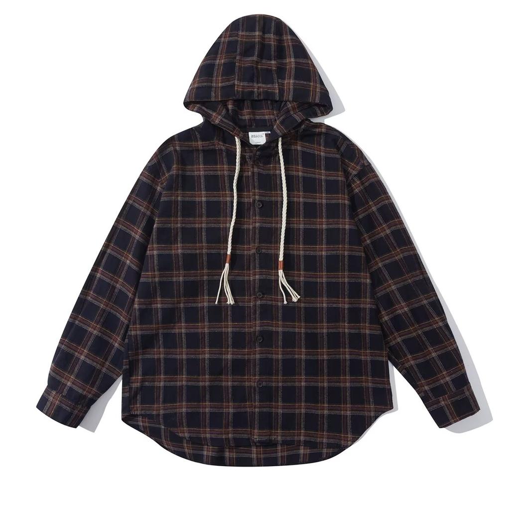 Hong Kong Style Japanese-Style Retro Plaid Hooded Shirt Men's Long-Sleeved Casual Jacket Spring and Autumn Students' Work Clothes Shirt Coat