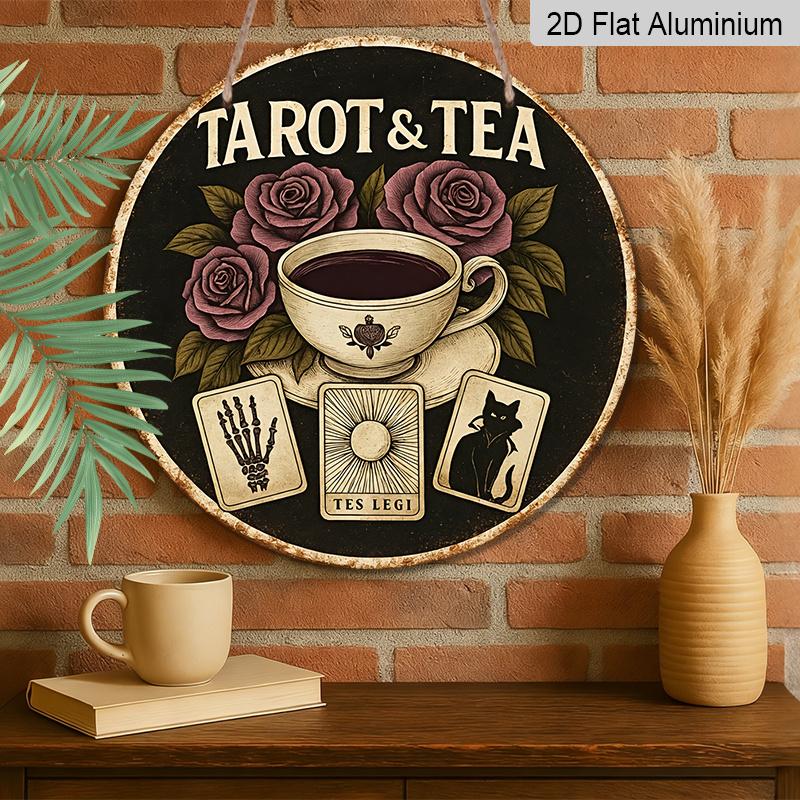 2D Flat, 1pc Round Vintage & Tea Metal Wall Art Sign - 7.87 Inch Aluminum Decor with Roses, Cups, and Symbols, Rustic Black Backgfor Home, Cafe, Bar