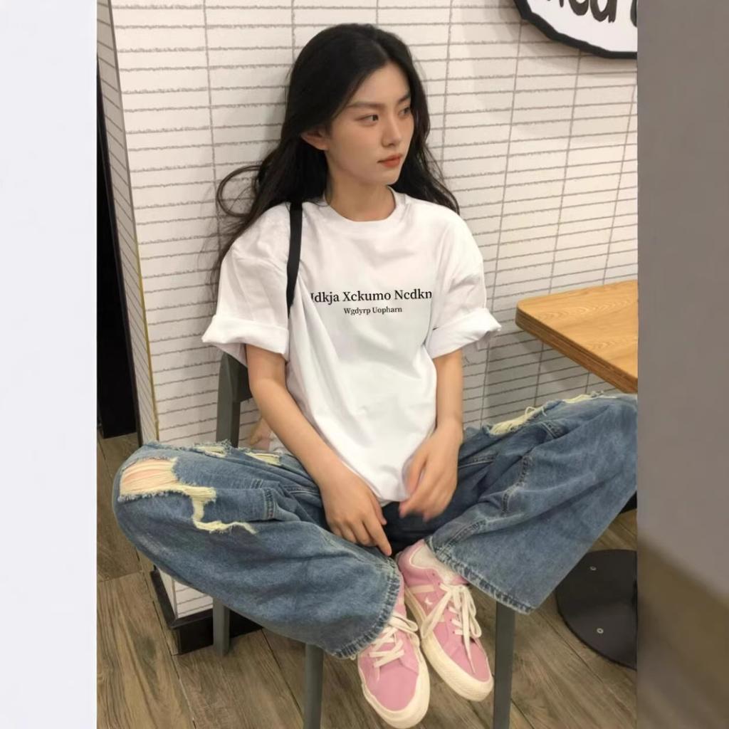 American high street trendy brand letters large size fat mm short-sleeved T-shirt women's summer design loose couple top