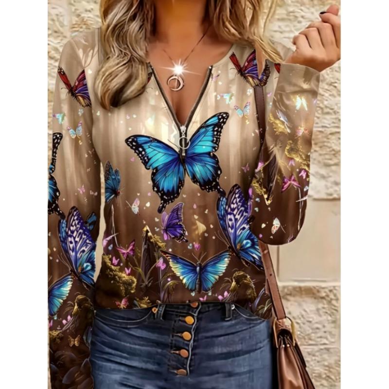 Women's Elegant Butterfly Print Round Neck Long Sleeve Top - Vibrant Digital Art Design