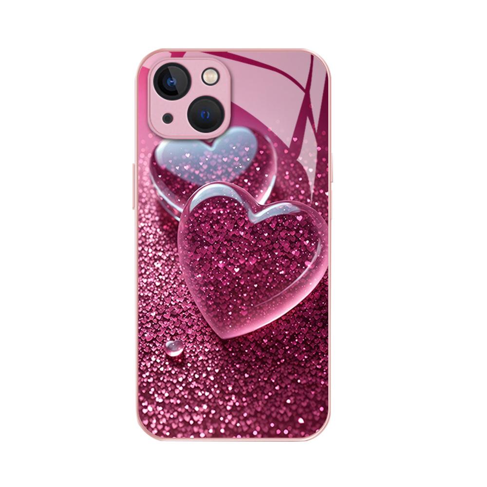 Hot-selling Pink Love Applies To Apple 17pm Light Luxury Glass Case iPhone16 Girls All-inclusive Mobile Phone Case