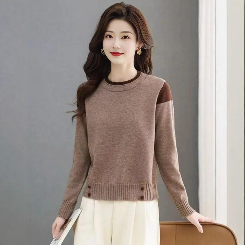 Autumn and winter new loose bottoming shirt with knitted top crew neck contrasting sweater women's clothing