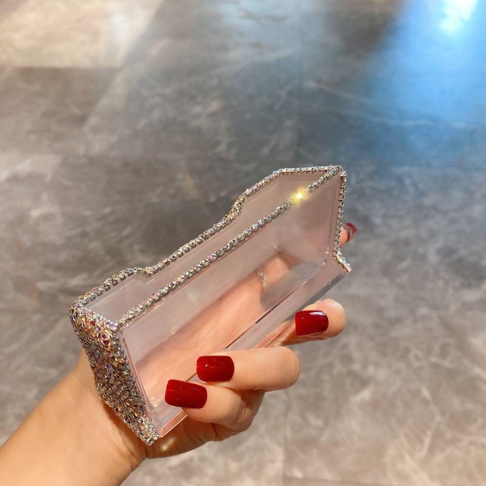 Acrylic Business Card Holder Rhinestone-inlaid Table Top Organizer  Office Decoration