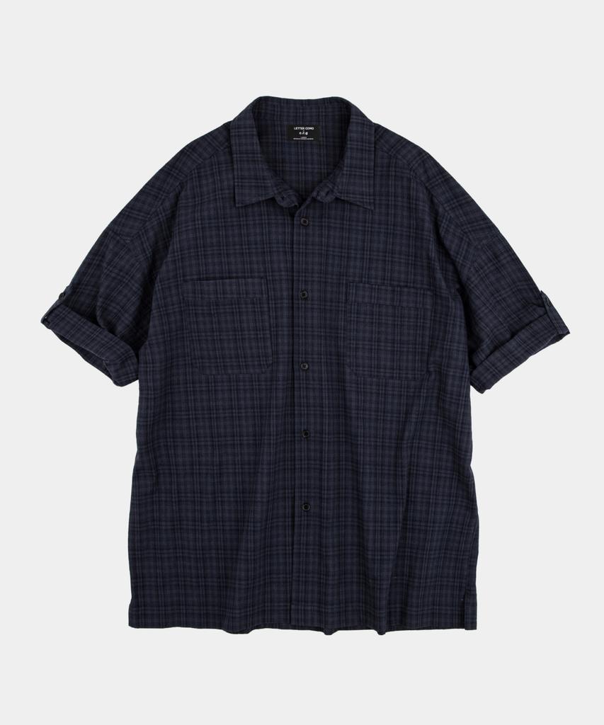 LETTERCOMO City Pop French Check Rolled-Up Half Shirt Dark Navy