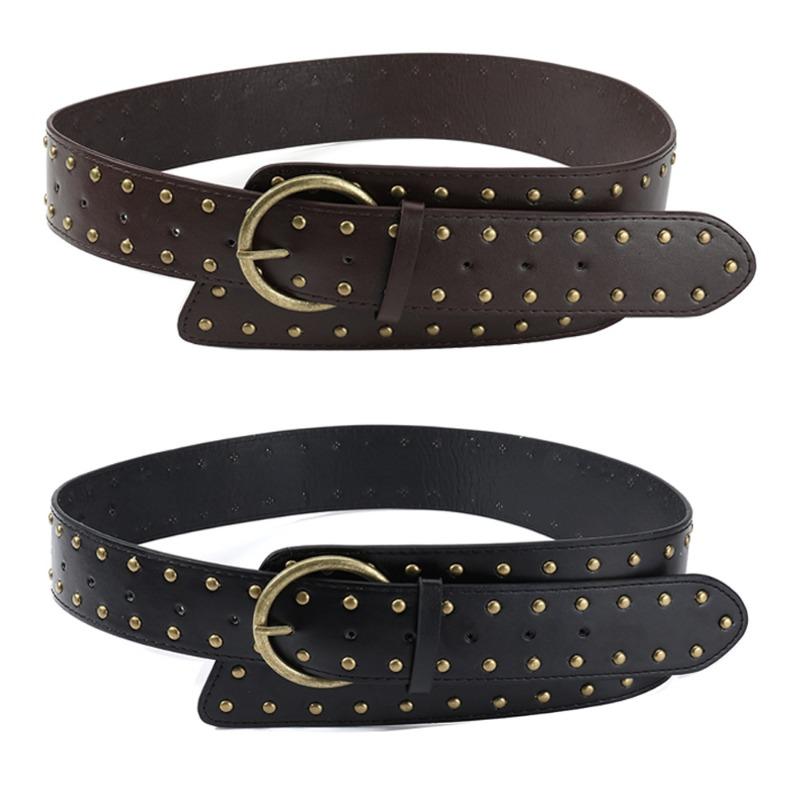 Women European American Punk Retro Heavy Industry Wide Belt Metal Rivet Personalized Belt Fashion Trend Suede Waist Belt