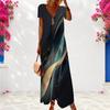 Women Plus Size V Neck Short Sleeve Colorful Printed Long Maxi Dress