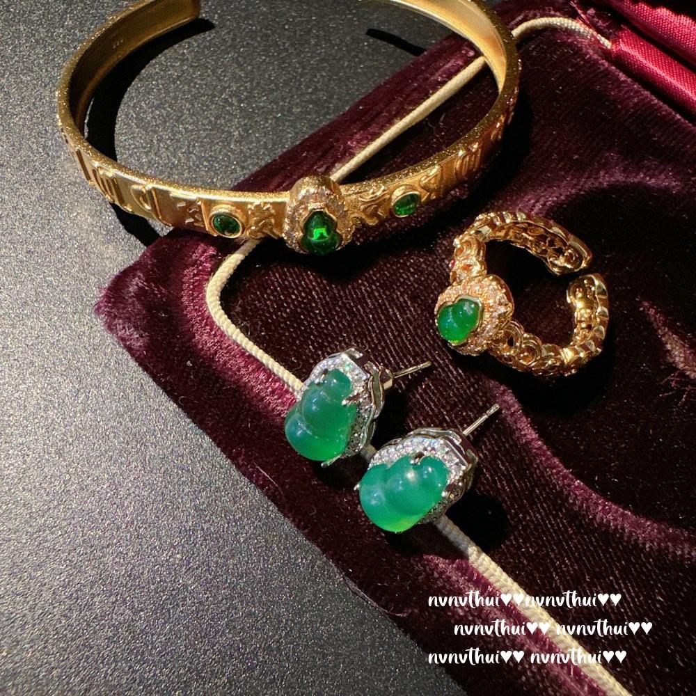 Ancient Gold Filigree Flower Gourd Zircon Bracelet, New Chinese Style, Chalcedony Gourd Fulu Earrings, Set