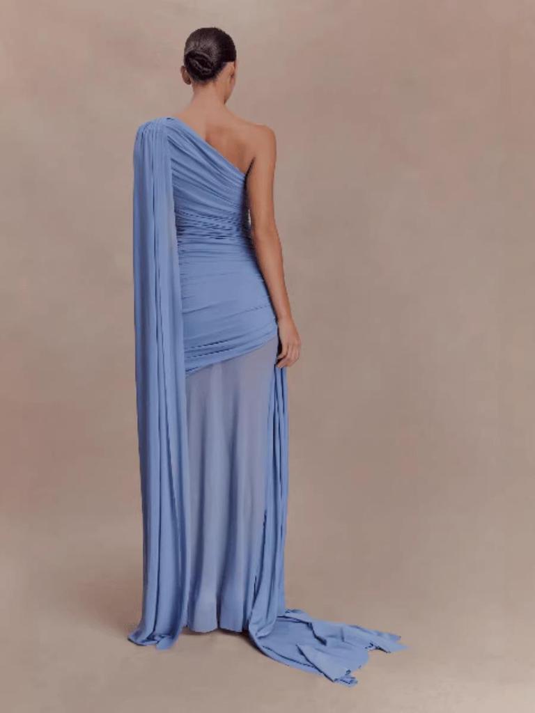 Women's Mesh Patchwork One-Shoulder Cape Slim-Fit Party Dress