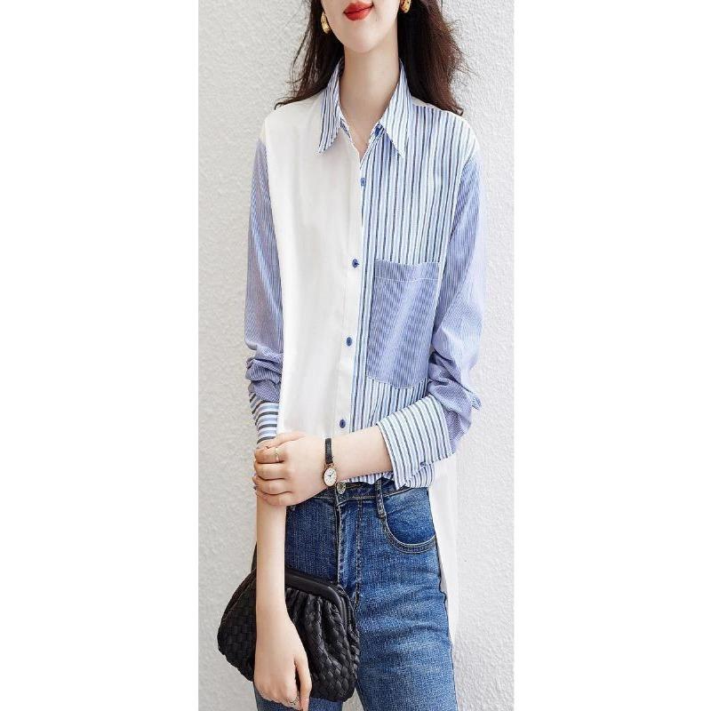 Women Patchwork Vertical Striped Loose Long Sleeve Shirt
