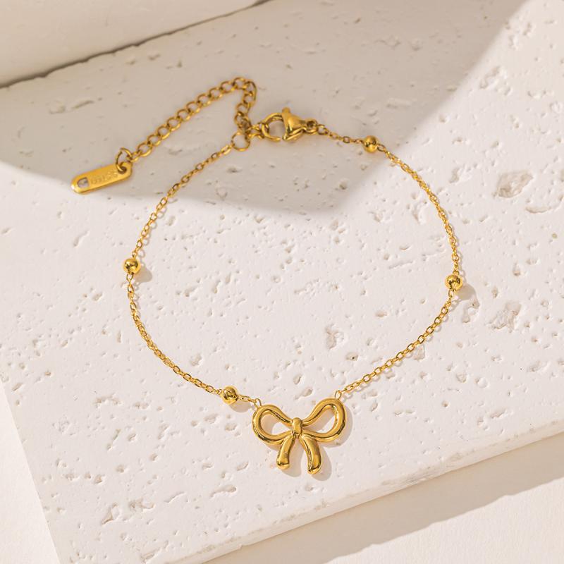 3Pcs Stainless Steel Delicate Golden Colour Fashion Bow Neckle Bracelet Earrings Titanium Jewelry Set Bow Pendant Accessory
