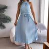 Women's Autumn Winter Temperament Lace Up Solid Color High Waist Sleeveless Pleated Dress
