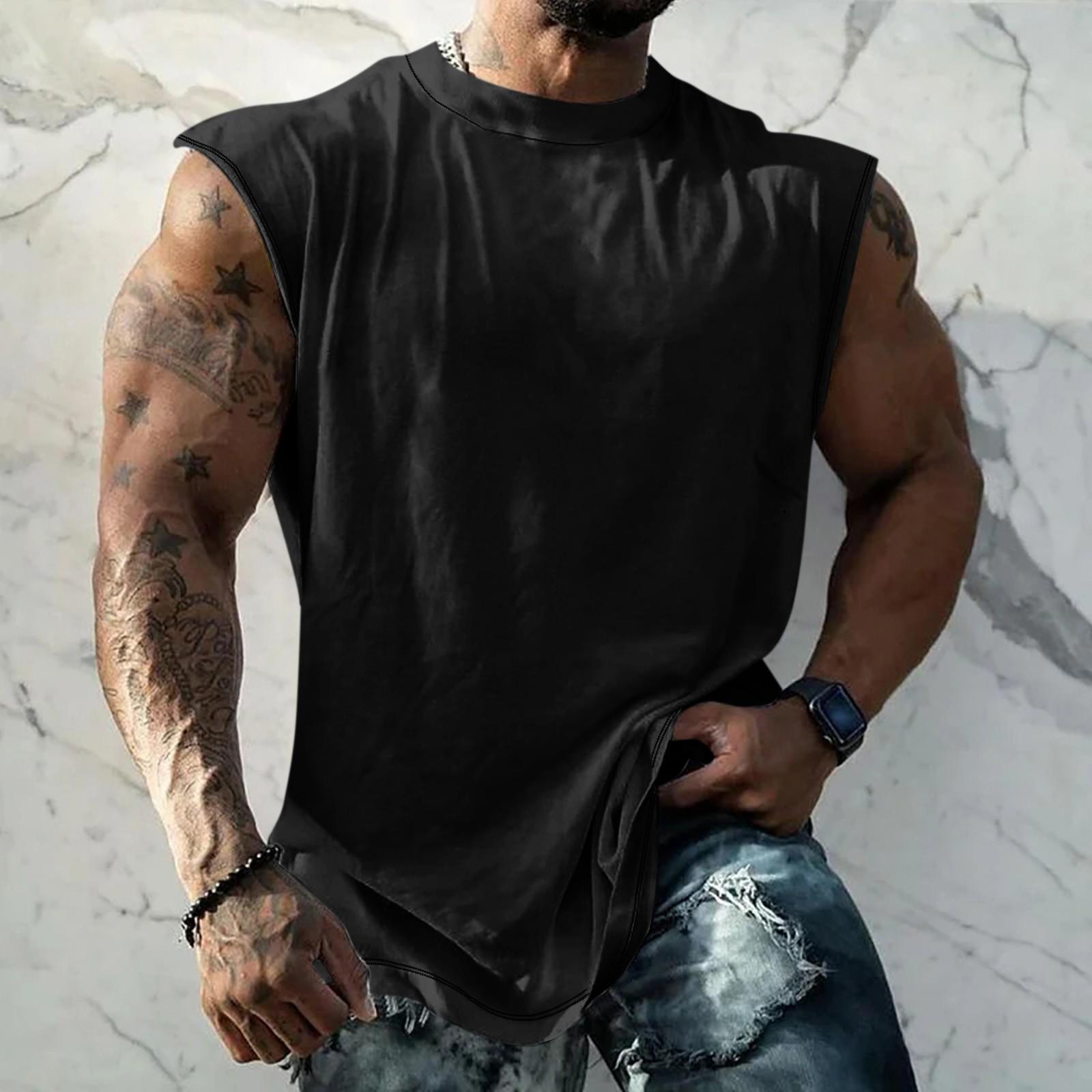 

Летний мужской однотонный поглощающий пот дышащий жилет без рукавов с принтом и расширяющимся плечом XXXL чёрный