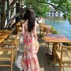 French vacation fishtail dress women's summer neck off shoulder sleeveless waist long skirt