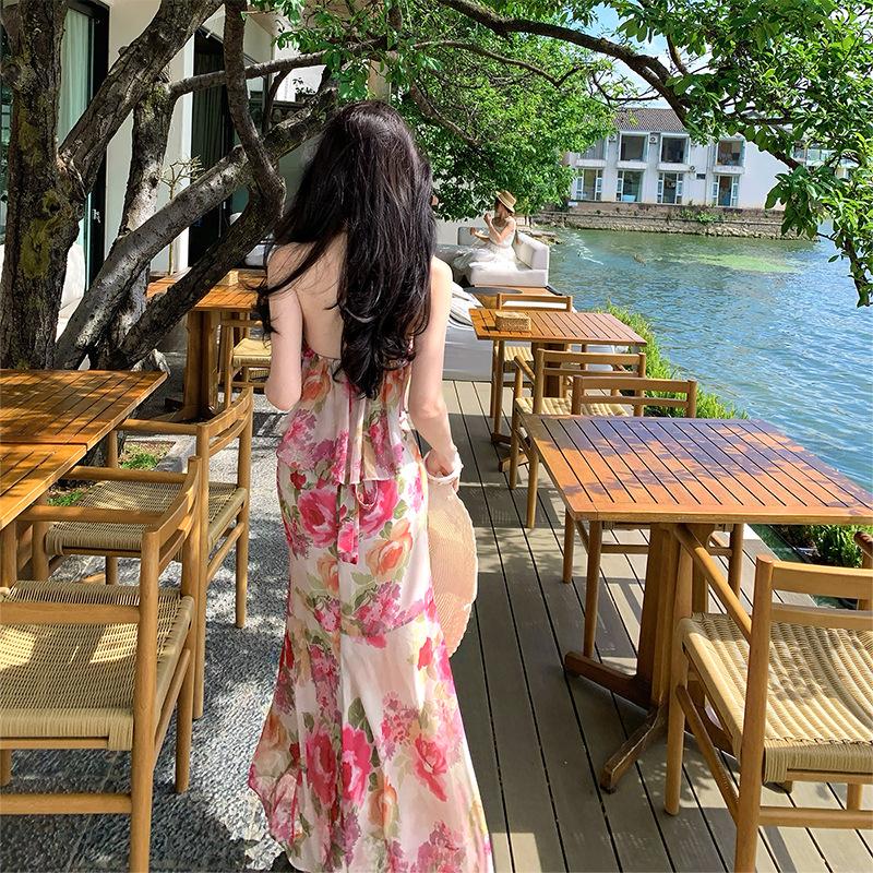French vacation fishtail dress women's summer neck off shoulder sleeveless waist long skirt