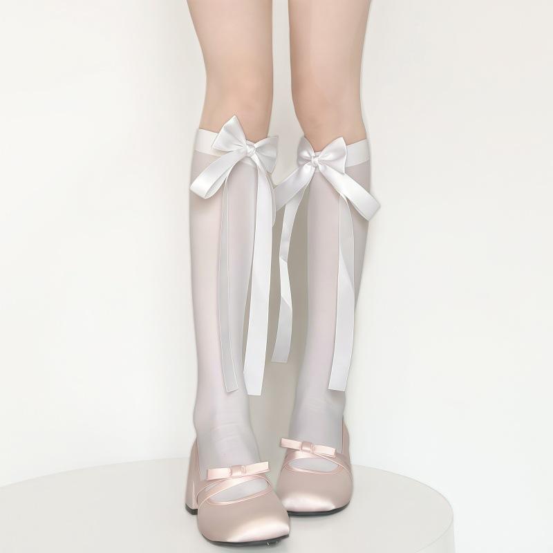 

Sweet And Pure Ribbon Bow Velvet Calf Socks Thin Sweet Girl Ballet Style Girl White Silk Mid-Leg Socks One size fits all белый