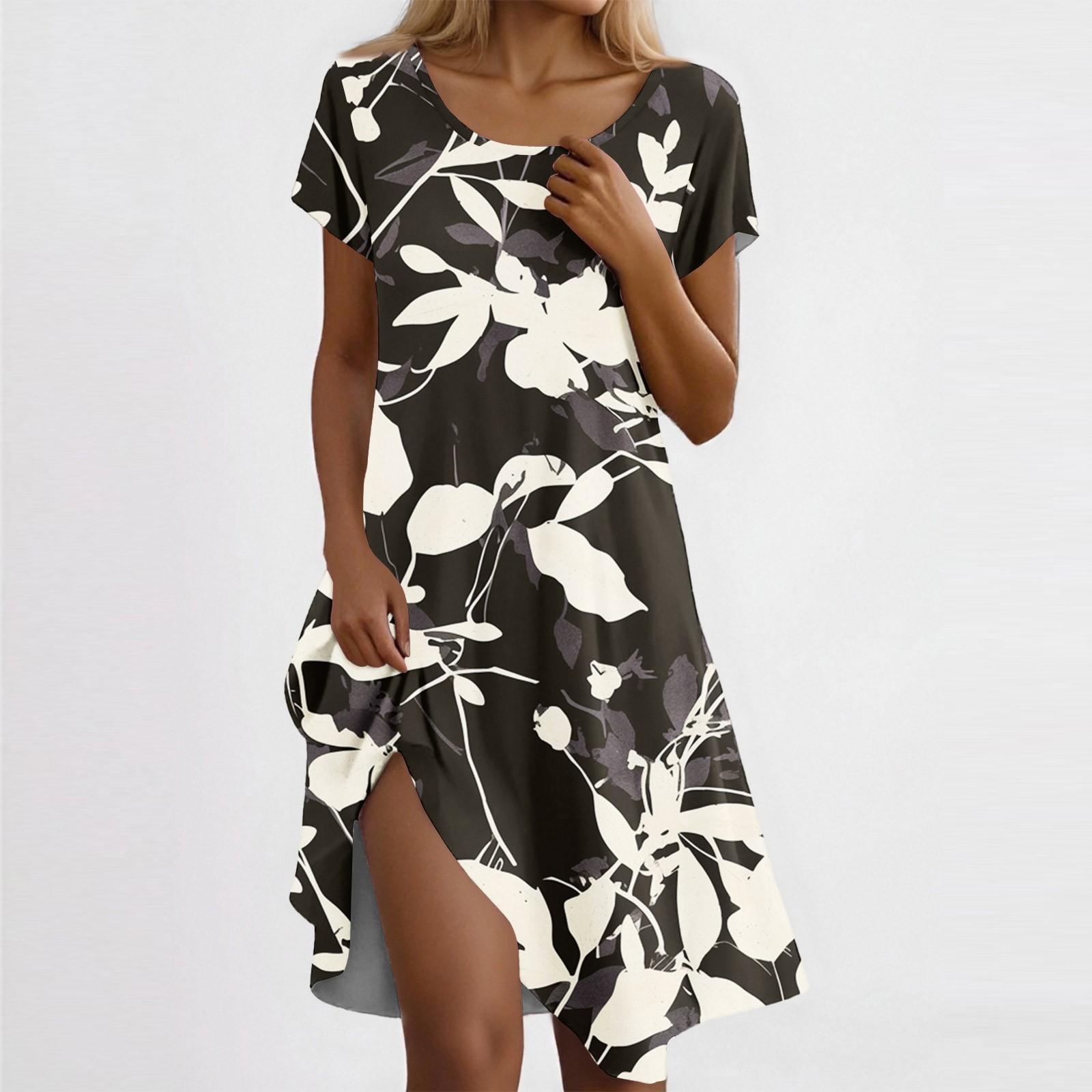 

Женское повседневное платье с короткими рукавами, цветочным принтом и карманным дизайном L чёрный