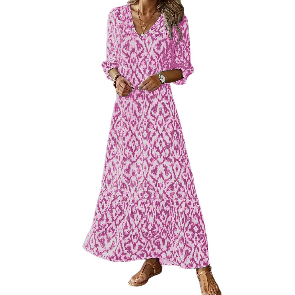 Women's Bohemian 3/4 Sleeve V-Neck Printed Maxi Dress