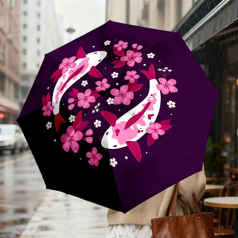 1pc Koi Fish Cherry Blossoms Automatic Folding Umbrella 8 Rib Iron Frame,  Suitable for Travel, Daily Use, Birthday, Women & Men Gift c1231024