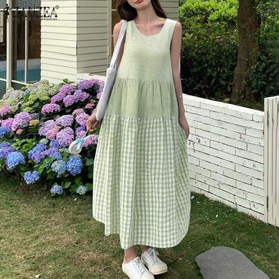 Women Summer Round Neck Sleeveless Grid Print Dress