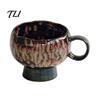 Vintage Style Afternoon Tea Mug Ceramic Coffee Mug, Reactive Glaze Latte Cup with Flow Pattern, Heat Resistant Hot Chocolate High Footed for