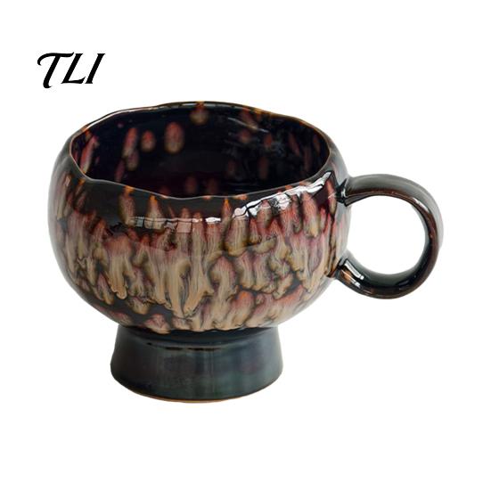 Vintage Style Afternoon Tea Mug Ceramic Coffee Mug, Reactive Glaze Latte Cup with Flow Pattern, Heat Resistant Hot Chocolate High Footed for