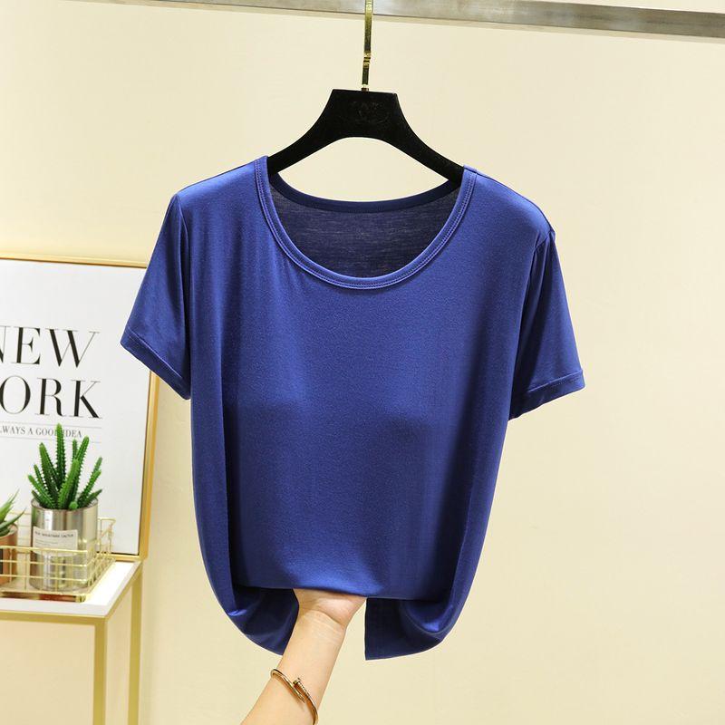 

Modal Short sleeve T-shirt Women Summer Thin With Chest Pad Bottoming Shirt Solid Plus size Wear-Free Bra One-Piece Top Cretin Blue M (recommended 40.00 kg-50.00 kg