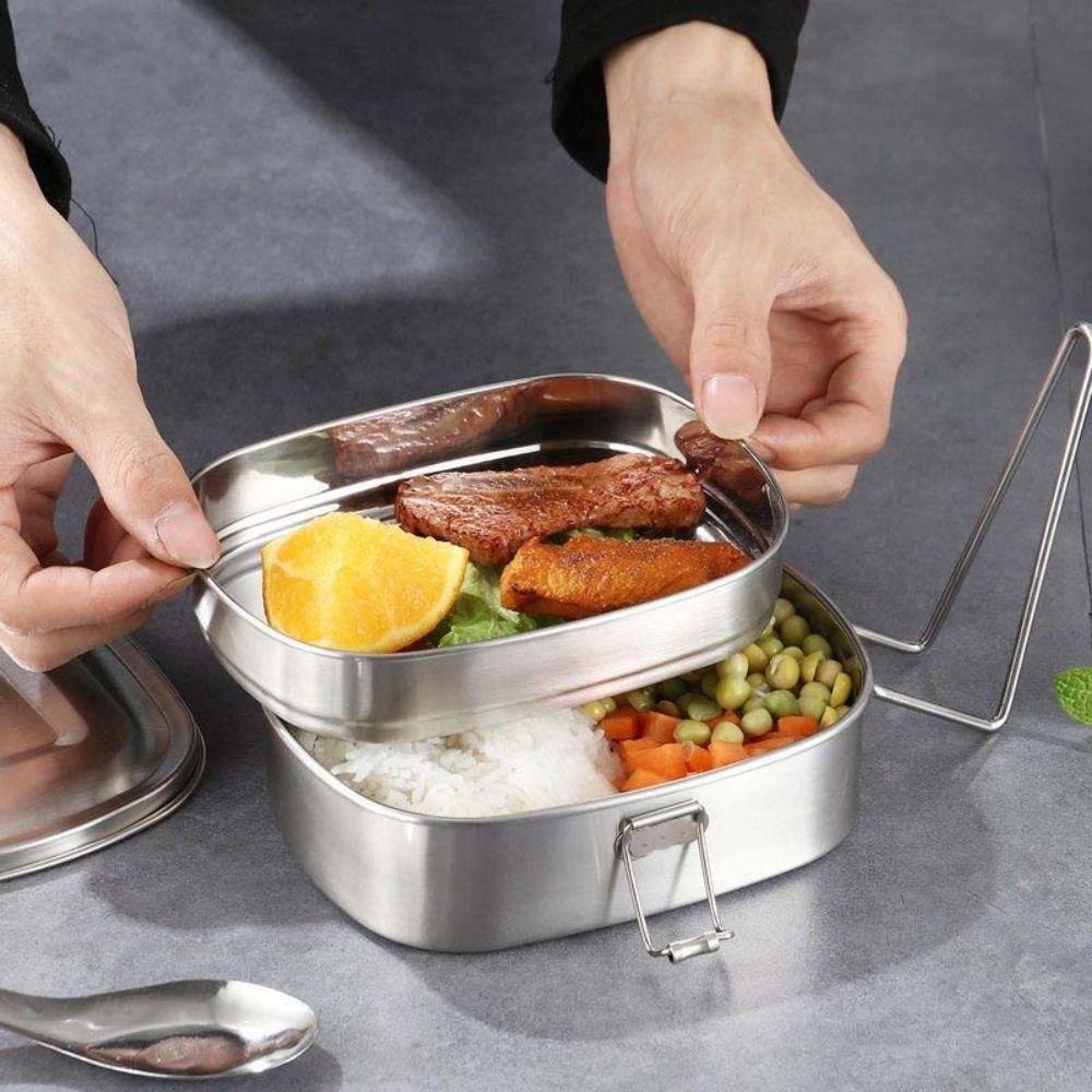 Rectangular Food Container Foldable Handle Food Storage Box Stainless Steel Lunch Box  Canteen