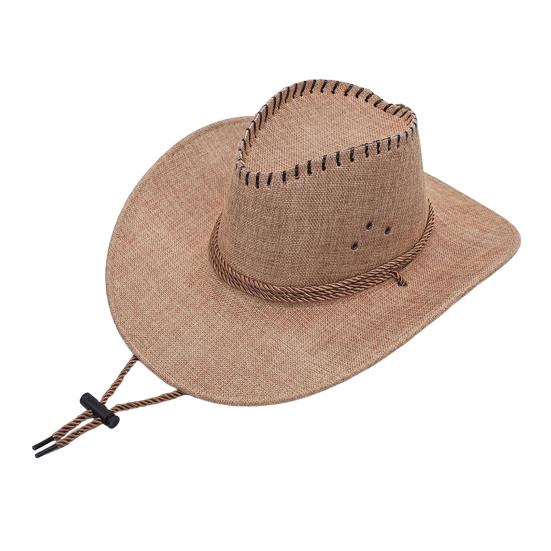 Fashionable Outdoor Cap Western Cowboy Hat with Windbreak Rope for Men, Wide Brim Linen Sun UV Protection Travel, Halloween Cosplay Costume,