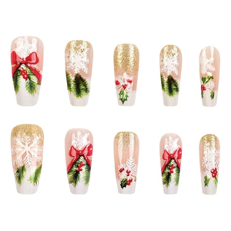 24PCS Artificial Nail Winter Snowflake Bows Design Artificial Nail For Professional Daily Use Manicure Fingernails