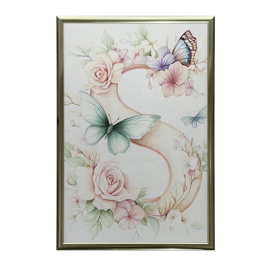 Plakat "S" Z Kwiatami I Motylami Plakat "S" Z Kwiatami I Motylami, 50X70 Cm, Rama Drewniana Ciemny Brąz, Papier Matowy 230 Gsm