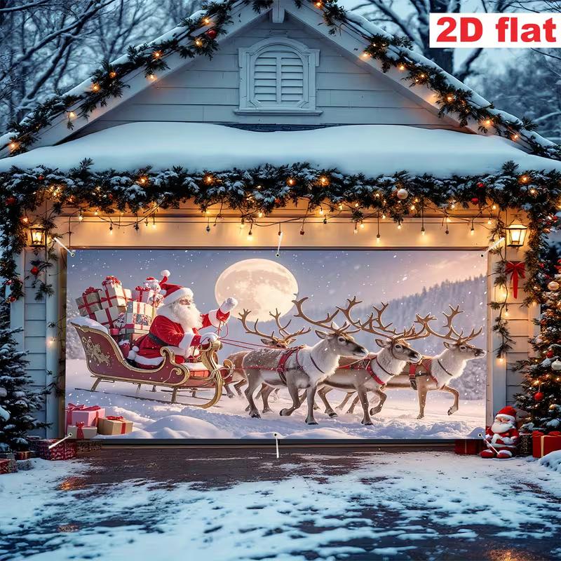 2D Winter Night Santa Sleigh Garage Door Cover, Reindeer & Moon Christmas Decor 47.2x31.5inch/120*80cm