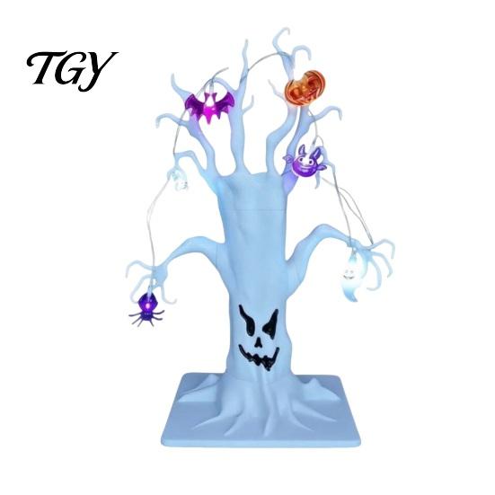 Halloween Themed Showcase Decor Lighted Spooky Dead Tree Tabletop Decor, Ghost Face Haunted Light Up for Party with Pumpkin Spider LED String Lights,