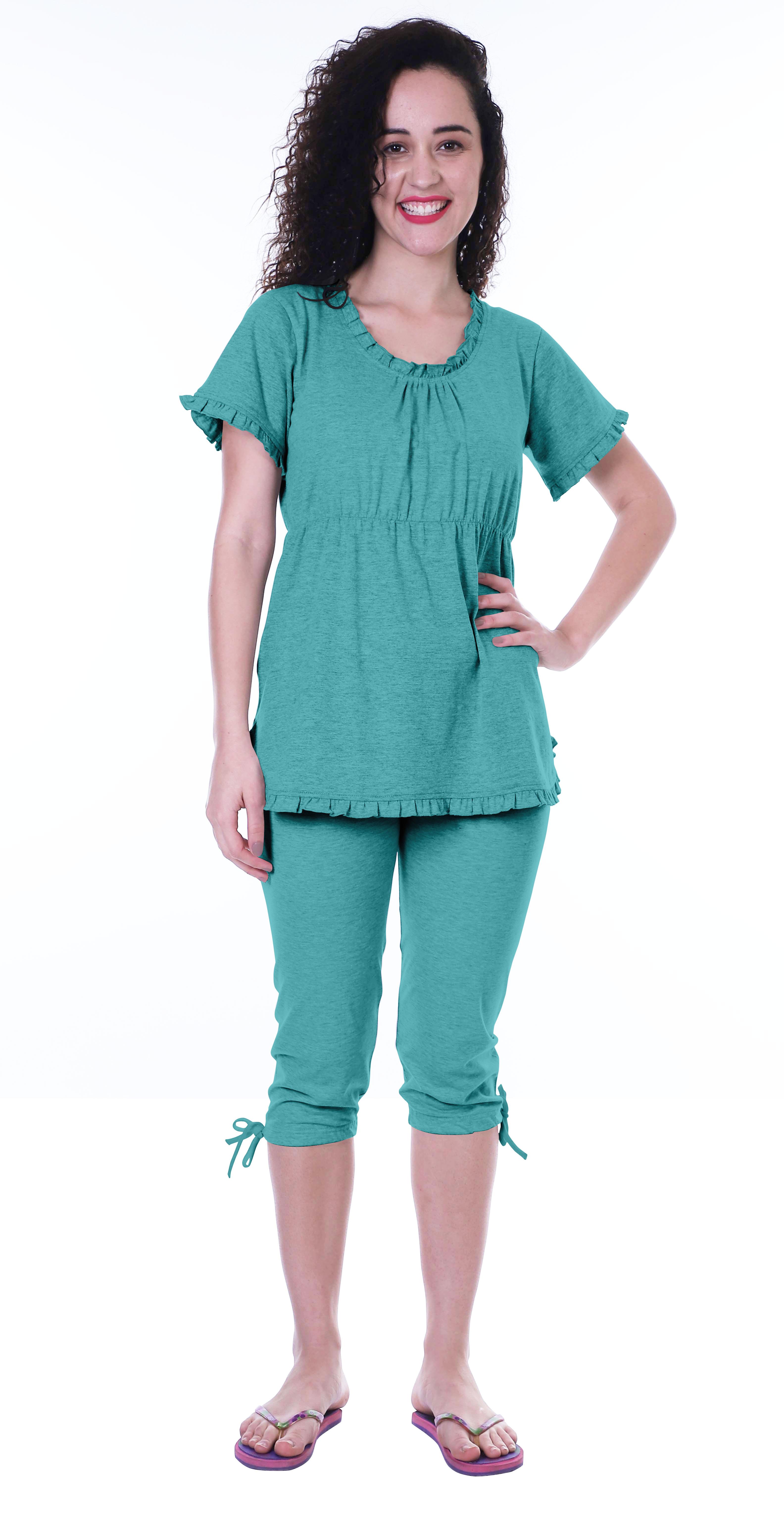 

Moomaya Womens Nightwear Set Capri Cotton Sleepwear 2 Pcs Nightdresses XS чирок зелений колір