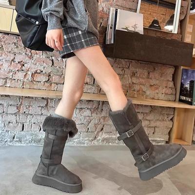 Gray Snow Boots for Women's Winter New Thick-soled Heightening Piled Thickened Long-tube Snow Cotton Shoes for Women