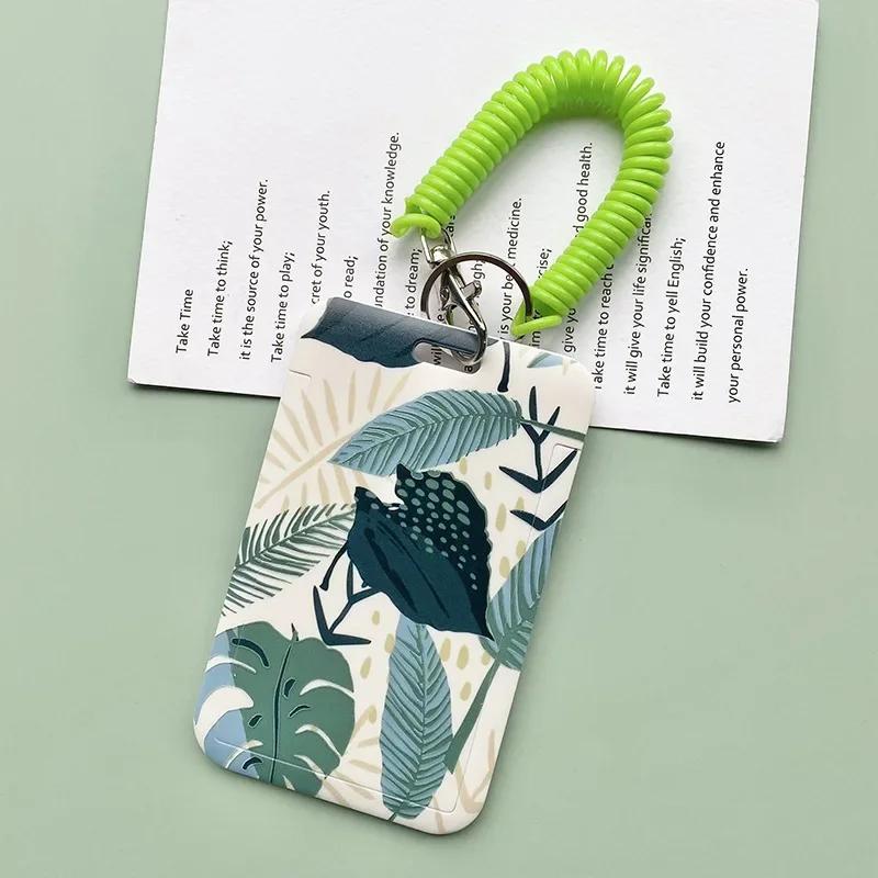 Women Green Cards Protecting Credit Card Holder with Lanyard String Student Plant Print Bus ID Name Badge Plastic Card Cover