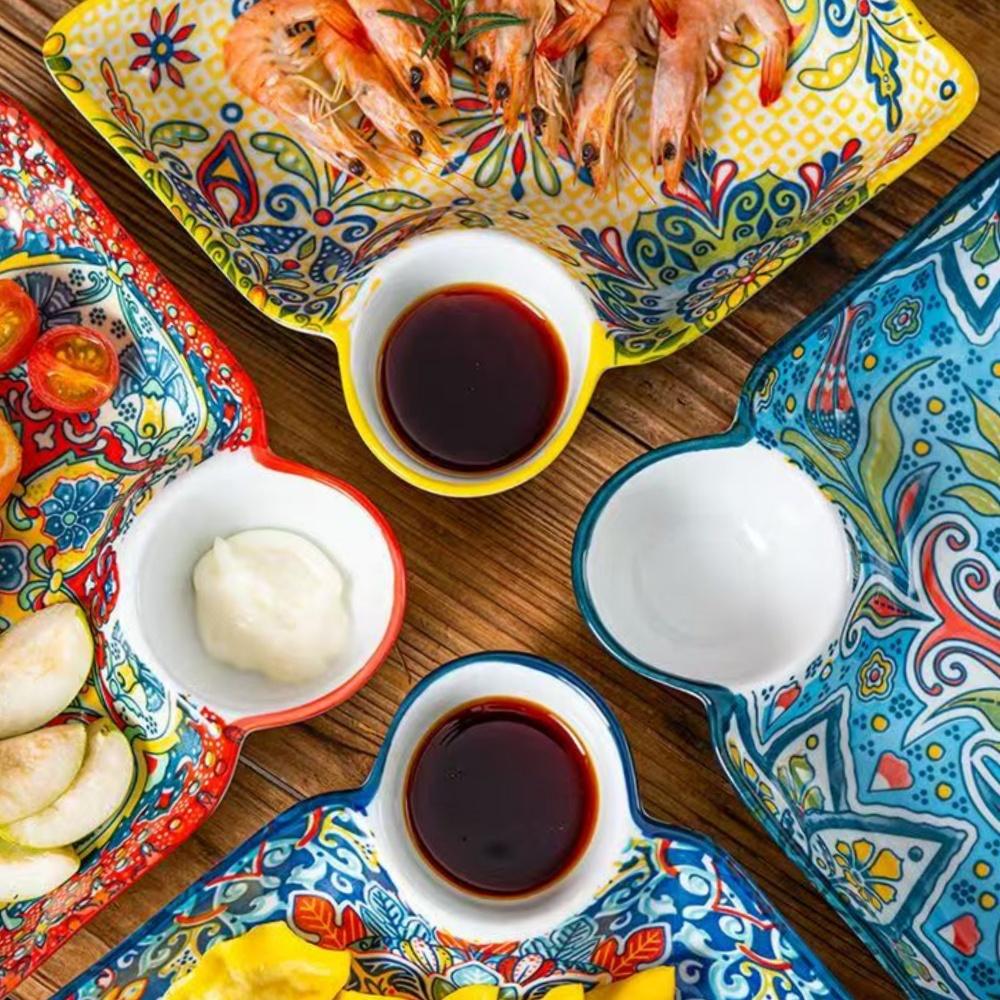 Bohemian Dumpling Plate with Vinegar Dish, Household Ceramic Plate, Segmented Breakfast Plate, High-end Dumpling-specific Plate