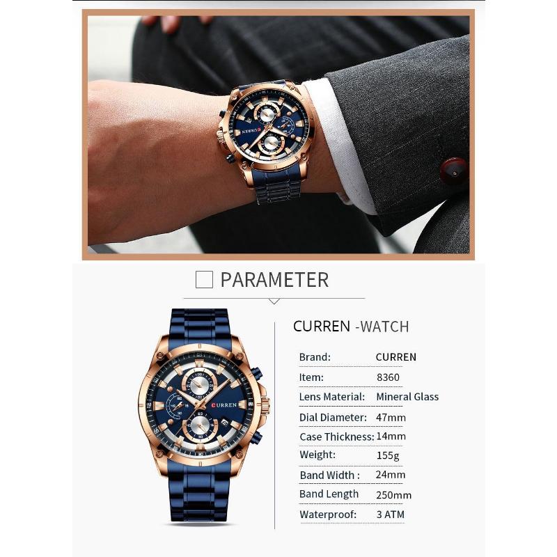 CURREN Men's Watch Analog Chronograph Waterproof Luminous Date Fashionable Design Stainless Steel Quartz Wrist Watch for Business