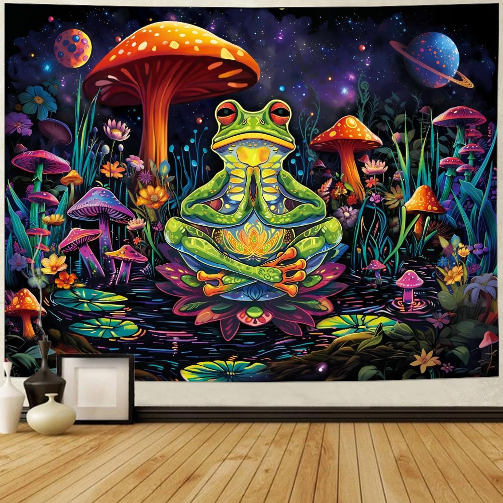 Frog Tapestry Hippie Mushroom Tapestry Galaxy Space Tapestries Colorful Plant Floral Wall Art Aesthetic Tapesties Wall Hanging