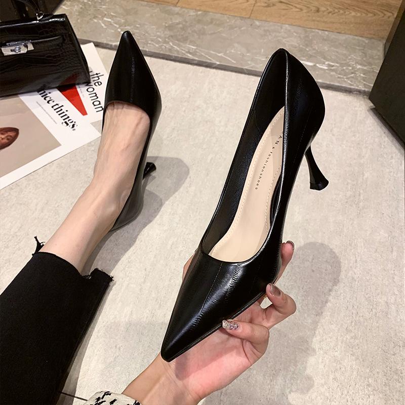 Single shoes cat heel pointed high heels soft leather spring and autumn new versatile girl black stiletto