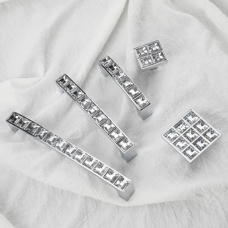 Crystal Glass Knobs Cabinet Handles Silver Crystal Cupboard Pulls Drawer Knobs Kitchen Furniture Handle Hardware