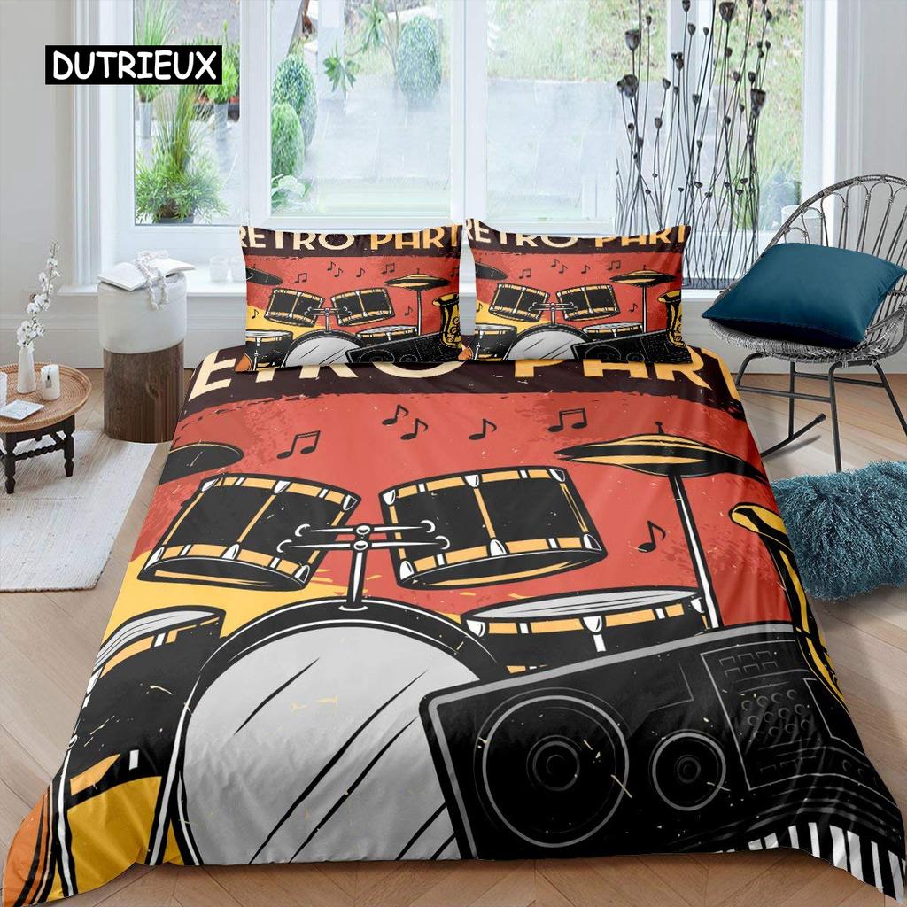 Blue Drum Kit Duvet Cover Set Microfiber Rock Roll Pop Music Twin Bedding Set Musical Instrument Glitter Lines Comforter Cover