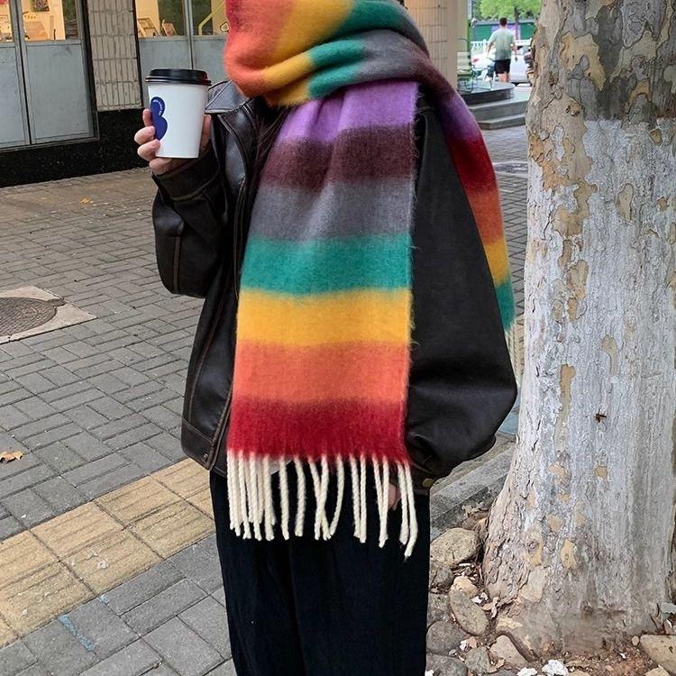 Dopamine Rainbow Mohair Scarf for Women, Korean Style Winter Warm Tassel Premium Student Large Neck Warmer, Thickened New Style
