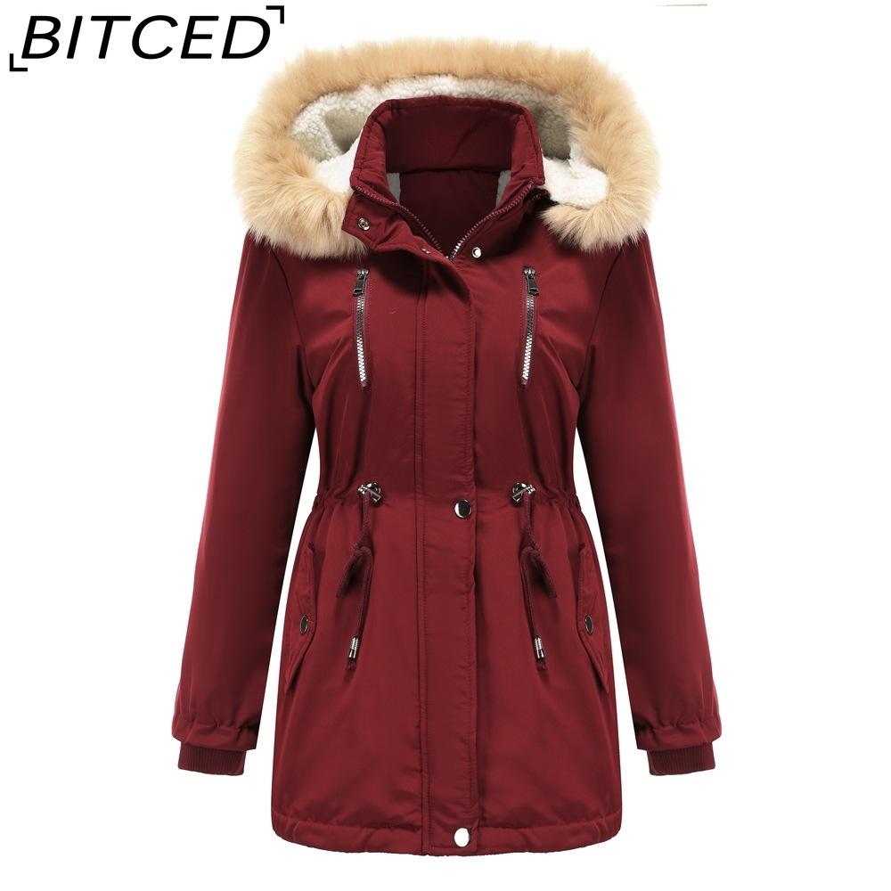 BITCED Autumn/Winter Women's Thickened Shearling-Lined Cotton Coat Loose-Fit Cotton Jacket with Detachable Hood and Fleece Lining