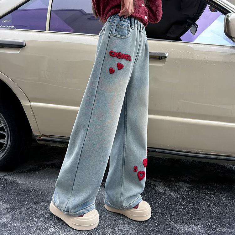 Girls' Pants Children's Light Colored Jeans Spring and Autumn Girls' Straight Leg Wide Leg Pants Loose