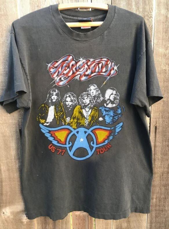 AEROSMITH 1977 US Band Tour Graphic Charcoal Unisex Tshirt S-5XL WA0584 XXXXL