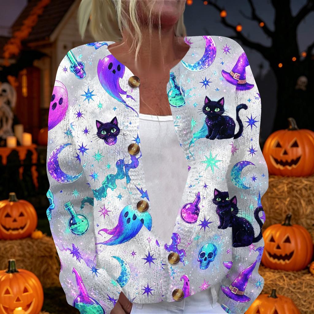 Damen Strickjacke mit langen Ärmeln, zum Knöpfen, Pullover mit Halloween-Print, Leichte Freizeit-Oberbekleidung