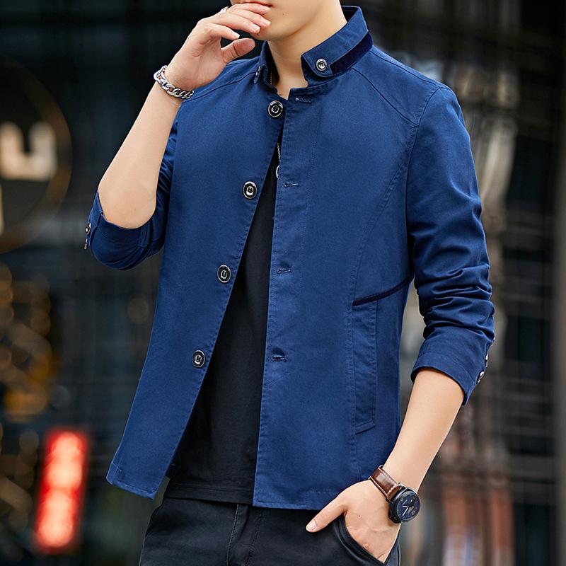 New Jacket Casual Loose Jacket Men Spring and Autumn Standing Collar Men's Trench Coat Washed Cotton Handsome Simple Coat